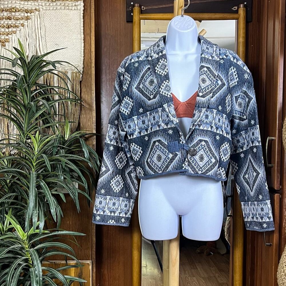 Vintage 90s Southwestern Cropped Jacket M Blue Aztec Tapestry Cotton Metallic